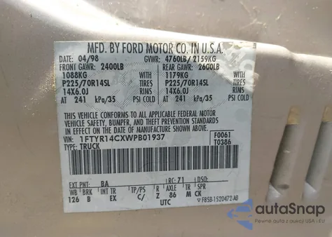 1998 Ford Ranger Xl/Xlt из США, поврежденный, VIN 1FTYR14CXWPB01937